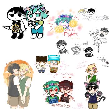 4boys alternate_eye_color antenna_hair artist_collaboration artist_request basil_(faraway)_(omori) basil_(headspace)_(omori) basil_(omori) black_eyes black_hair black_socks black_sweater_vest black_tank_top blonde_hair blue_overalls blush bright_pupils brown_shorts chibi closed_eyes closed_mouth collarbone collared_shirt colored_skin commentary_request crying crying_with_eyes_open double-parted_bangs flower flower_wreath green_hair green_shirt grey_eyes hair_between_eyes hair_flower hair_ornament head_wreath highres holding holding_hands holding_knife interlocked_fingers knife looking_at_another male_focus multiple_boys omori omori_(omori) one_eye_closed open_mouth overalls red_eyes shirt shori_omori short_hair short_sleeves shorts sidelocks simple_background smile socks sunflower sunny_(omori) sweatdrop sweater_vest t-shirt tank_top tears tears_from_one_eye translation_request uminosoko44 white_background white_pupils white_shirt white_shorts white_skin yaoi yuuabara