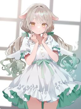 1girl animal_ears bow brown_hair closed_mouth commentary commission cowboy_shot dress gradient_hair green_bow green_hair hair_bow hands_up long_hair looking_at_viewer low_twintails multicolored_hair original re_re_merry short_sleeves sleeve_bow smile solo twintails two-tone_hair waist_bow white_dress yellow_eyes