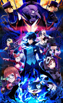 10s 4girls 6+boys absurdres ahoge amamiya_ren arsene_(persona_5) bad_id bad_pixiv_id bald black-framed_eyewear black_gloves black_hat blonde_hair blue_gloves blue_hair blue_hat blue_pants braid breasts brown_eyes brown_hair caroline_(persona_5) cleavage crown_braid eyepatch fingerless_gloves fox_(persona_5) gloves grey_shirt grin hair_between_eyes hat hat_ribbon highres holding holding_sword holding_weapon igor_(persona) joker_(persona_5) justine_(persona_5) kitagawa_yuusuke long_hair long_nose looking_at_viewer mask mask_on_head medium_breasts morgana_(persona_5) mozuyun multiple_boys multiple_girls niijima_makoto noir_(persona_5) okumura_haru open_mouth oracle_(persona_5) own_hands_together panther_(persona_5) pants persona persona_5 purple_gloves queen_(persona_5) red_eyes red_gloves red_ribbon ribbon sakamoto_ryuuji sakura_futaba shirt short_hair silver_hair skull_(persona_5) smile standing sword takamaki_anne twintails uniform weapon white_gloves yellow_eyes yellow_gloves