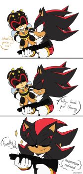 2boys antennae charmy_bee closed_eyes furry furry_male gloves gun highres holding holding_gun holding_weapon male_focus multiple_boys red_eyes risziarts shadow_the_hedgehog shadow_the_hedgehog_(game) smile sonic_(series) twitter_username weapon white_gloves