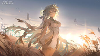 1girl absurdres aether_gazer artist_request bird breasts character_request cleavage cleavage_cutout closed_mouth clothing_cutout crane_(machine) dawn dress grass green_hair grey_hair hair_ornament highres multicolored_hair official_art one_eye_closed sky solo streaked_hair white_dress
