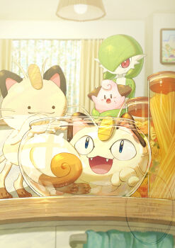 black_eyes bob_cut cleffa colored_skin commentary_request curtains ditto fangs gardevoir gen_1_pokemon gen_2_pokemon gen_3_pokemon green_hair green_skin hair_over_one_eye highres holding holding_pokemon indoors meowth multicolored_skin nintendo open_mouth pink_eyes pink_skin piyokonoenikki_04 pokemon pokemon_(creature) transformed_ditto two-tone_skin watermark white_skin window