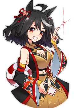 1girl ahoge animal_ears bare_shoulders black_gem black_hair blush bow breasts chanchanko_(clothes) cleavage cleavage_cutout clothing_cutout commentary_request detached_sleeves ear_ornament ear_ribbon flower_ornament gem grin hair_between_eyes hair_ornament horse_ears horse_girl kitasan_black_(crowning_ooban)_(umamusume) kitasan_black_(umamusume) kouhaku_nawa large_breasts looking_at_viewer multicolored_hair open_mouth red_eyes rope sabum shimenawa short_hair smile solo streaked_hair teeth umamusume white_hair