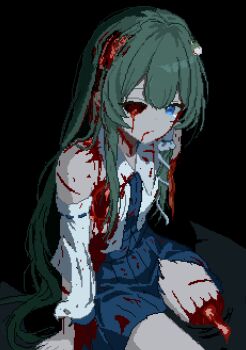 1girl absurdres blood blood_stain bloody_tears blue_eyes bone closed_mouth commentary_request cross-section guro highres kochiya_sanae long_hair simple_background touhou