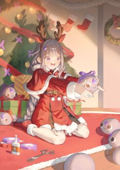 1girl :d absurdres animal_ears box braid capelet christmas_ornaments christmas_stocking christmas_tree christmas_wreath coat fake_animal_ears fake_antlers fur-trimmed_capelet fur-trimmed_coat fur-trimmed_shoes fur-trimmed_sleeves fur_trim gift gift_box grey_hair highres hololive hololive_english indoors koseki_bijou long_hair long_sleeves open_mouth pebble_(koseki_bijou) purple_eyes red_capelet red_coat red_shoes ribbon scissors shoes sitting smile solo very_long_hair virtual_youtuber wariza wreath zetsuental