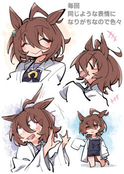 +++ 1girl agnes_tachyon_(umamusume) ahoge animal_ears barefoot beer_hsk black_bow black_one-piece_swimsuit blush bow brown_eyes brown_hair chibi covered_navel hair_between_eyes hands_up highres horse_ears lab_coat long_sleeves multiple_views one-piece_swimsuit open_clothes purple_shirt school_uniform shirt sleeves_past_fingers sleeves_past_wrists standing sweat swimsuit swimsuit_under_clothes tracen_school_uniform translation_request umamusume wide-eyed wide_sleeves