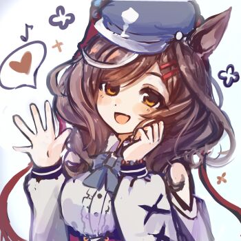 1girl animal_ears blue_hat blush brown_eyes brown_hair clothing_cutout commentary hat heart highres horse_ears horse_girl kk_(pixiv_83235599) looking_at_viewer matikanetannhauser_(panpaka_tiltott)_(umamusume) matikanetannhauser_(umamusume) medium_hair multicolored_hair newsboy_cap open_mouth red_ribbon ribbon shirt shoulder_cutout simple_background smile solo spoken_heart streaked_hair umamusume upper_body white_background white_hair white_shirt white_streaks