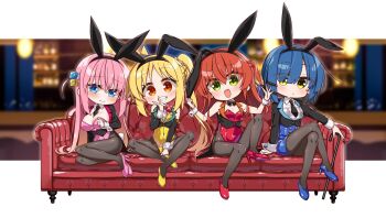 4girls ahoge alternate_costume animal_ear_hairband animal_ears black_bow black_bowtie black_hairband black_necktie black_shrug blonde_hair blue_eyes blue_hair blue_leotard blue_shoes blush bocchi_the_rock! bow bowtie breasts brown_pantyhose cane chibi chibi_only chika_(06chimika13) cleavage closed_mouth collared_shirt commentary_request couch crossed_legs cube_hair_ornament embarrassed fake_animal_ears fake_tail gotoh_hitori green_eyes grin hair_ornament hairband hairclip high_heels highres holding holding_cane ijichi_nijika kita_ikuyo knee_up large_breasts leotard letterboxed long_hair long_sleeves looking_at_another looking_at_viewer medium_breasts mole mole_under_eye multiple_girls necktie on_couch open_mouth pantyhose parallel_hairclips pink_hair pink_leotard pink_shoes playboy_bunny polka_dot polka_dot_bow polka_dot_bowtie rabbit_ear_hairband rabbit_ears rabbit_tail red_bow red_bowtie red_eyes red_hair red_leotard red_shoes shirt shoes short_hair shrug_(clothing) side_ponytail sidelocks sitting small_breasts smile tail teeth v white_shirt white_wrist_cuffs wrist_cuffs yamada_ryo yellow_eyes yellow_leotard yellow_shoes