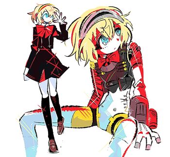 1girl aigis_(persona) android black_jacket black_skirt blonde_hair blue_eyes bow bowtie closed_mouth full_body ge_jug gekkoukan_high_school_uniform jacket joints long_sleeves multiple_views persona persona_3 red_bow red_bowtie robot_joints school_uniform shoes short_hair simple_background sitting skirt standing vest white_background