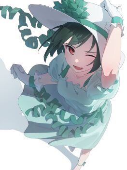 1girl collarbone commentary dress emotion_(love_live!) fang frilled_gloves frilled_sleeves frills from_above gloves green_dress green_hair highres looking_at_viewer love_live! love_live!_nijigasaki_high_school_idol_club mifune_shioriko mochi_(znkn4524) one_eye_closed open_mouth red_eyes short_hair short_sleeves solo standing standing_on_one_leg white_gloves white_hair