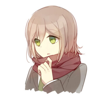 1boy adjusting_scarf black_jacket brown_hair collared_jacket commentary_request cropped_torso danganronpa_(series) danganronpa_3_(anime) expressionless eyelashes formal_clothes frown green_necktie hair_between_eyes hiragi_rin jacket lapels layered_sleeves long_sleeves male_focus mitarai_ryota necktie notched_lapels open_mouth red_scarf scarf shirt short_hair simple_background solo white_background white_shirt