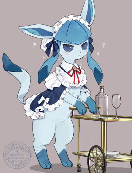 blue_bow blue_fur blue_sclera bow closed_mouth clothed_pokemon collar colored_sclera commentary_request cork cup drinking_glass frills full_body gen_4_pokemon glaceon glass_bottle grey_background highres kaminokefusa looking_at_viewer maid maid_headdress nintendo no_humans plate pokemon pokemon_(creature) pokemon_focus rearing red_ribbon ribbon serving_cart snowflakes solo two-tone_fur watermark white_bow wine_glass