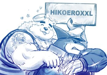 2boys animal_ears artist_name bara bear bear_boy bear_ears biceps capt._locke_(xxl) claws clenched_teeth closed_eyes coat commentary_request facing_viewer fangs flower furry furry_male hat heart highres hikoero777 hitting holding holding_sign looking_at_another male_focus monochrome multiple_boys open_mouth paul_the_bear_(xxl) pawpads polar_bear sailor_hat scar scar_on_arm shark_boy shark_fin shoulder_tattoo sign smile striped_tank_top sweatdrop tank_top tattoo teeth tongue tongue_out white_background xxl_woofia