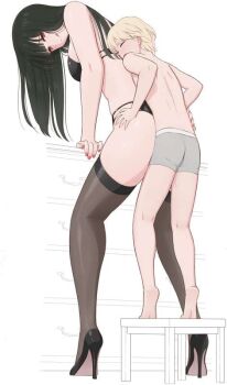 :p age_difference black_bra black_hair black_panties black_thighhighs blonde_hair blush bra from_below grabbing_another&#039;s_ass grey_panties groping height_difference hetero high_heels kneepits leaning_forward leaning_on_person long_hair looking_at_another mizuno_(pixiv31352320) older_female_and_younger_male onee-shota open_mouth panties red_eyes red_nails sex sex_from_behind shota simple_background smile standing standing_sex stool tall_female thighhighs tiptoes tongue tongue_out underwear white_background