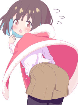 1girl :o absurdres achat ass black_pantyhose blue_hair blush brown_eyes brown_hair brown_shorts colored_inner_hair commentary cosplay cowboy_shot flying_sweatdrops from_behind fur-trimmed_poncho highres hozuki_momiji leaning_forward long_sleeves looking_at_viewer looking_back multicolored_hair onii-chan_wa_oshimai! open_mouth oyama_mahiro oyama_mahiro_(cosplay) pantyhose pantyhose_under_shorts red_poncho shirt short_hair short_shorts shorts simple_background solo two-tone_hair white_background white_shirt