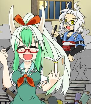 Rule 34 | 1boy, 1girl, alternate hairstyle, bespectacled, book, caved (touhou), dress, ex-keine, glasses, green hair, horns, kamishirasawa keine, morichika rinnosuke, multicolored hair, pen, ponytail, sag (karehabase), scroll, silver hair, touhou, yellow eyes