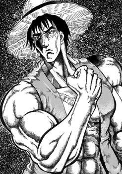 Rule 34 | 1980s (style), 1boy, abs, artist request, clenched hand, facial scar, gloves, grin, hara tetsuo (style), hat, large pectorals, looking to the side, manly, monkey d. luffy, monochrome, muscular, oldschool, one piece, parody, pectorals, scar, scar on cheek, scar on face, simple background, smile, straw hat, style parody, traditional media, what
