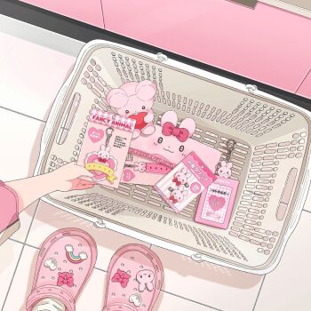 1girl asuka_(a20_suka002018) bow commentary_request crocs from_above heart heisei_retro highres holding object_focus original out_of_frame pink_theme pov rabbit rainbow shop shopping_basket short_sleeves solo stuffed_animal stuffed_rabbit stuffed_toy