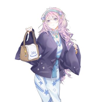 1girl aqua_hairband basket blue_kimono choker flora_(uchihime) flower_hairband hairband haori holding holding_basket japanese_clothes kimono lace lace_choker long_hair pink_hair print_kimono purple_eyes purple_haori star_(symbol) star_print towel uchi_no_hime-sama_ga_ichiban_kawaii yukata