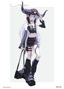 1girl absurdres adjusting_clothes adjusting_headwear alternate_costume aviator_cap aviator_goggles bag bare_shoulders belt belt_pouch black_bag black_choker black_horns black_leg_warmers black_nails black_shirt black_shoes black_shorts black_sleeves bone bone_necklace border character_name choker closed_mouth collarbone commentary contrapposto copyright_name cropped_shirt demon_girl demon_horns detached_sleeves ears_through_headwear flat_chest full_body gam_1124 goggles goggles_on_headwear hand_up highres holding holding_bag hololive horns jitome la+_darknesss leg_warmers long_hair long_sleeves looking_at_viewer looking_to_the_side multicolored_hair multiple_belts navel pointy_ears pouch shirt shoes shorts sleeveless sleeveless_shirt solo standing streaked_hair striped_horns virtual_youtuber white_border white_hair yellow_eyes