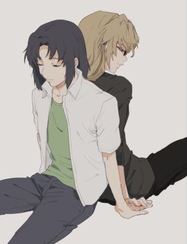 2boys back-to-back black_hair black_pants black_shirt brown_hair closed_eyes closed_mouth collared_shirt commentary_request expressionless glasses green_shirt grey_background hand_on_another's_hand makabe_kazuki male_focus minashiro_soushi multiple_boys pants sawa2 shirt short_hair short_sleeves simple_background sitting soukyuu_no_fafner three-quarter_sleeves unbuttoned unbuttoned_shirt white_shirt