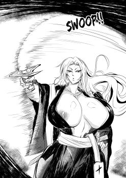 1girl absurdres badge bleach breasts chain chain_necklace collarbone female_focus fukutaichou_badge highres holding holding_sword holding_weapon japanese_clothes jewelry large_breasts long_hair matsumoto_rangiku mole mole_under_mouth monochrome necklace nipple_slip nipples parted_lips rickyxstudio shawl shihakusho shiny_skin standing sword weapon zanpakutou