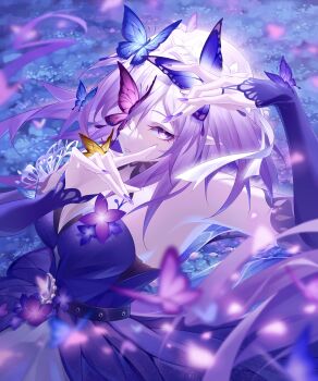 1girl absurdres arm_up bare_shoulders blurry breasts bug butterfly butterfly_over_eye castorice_(gossamer_flutter)_(honkai:_star_rail) castorice_(honkai:_star_rail) cleavage commentary_request depth_of_field dress fingernails hand_up highres honkai:_star_rail honkai_(series) insect long_fingernails medium_breasts nail_polish official_alternate_costume parted_lips pointy_ears purple_butterfly purple_dress purple_eyes purple_hair purple_nails solo wendai_haiyangxingqihou