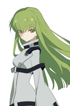 1girl absurdres belt belt_buckle belt_collar black_belt buckle c.c. closed_mouth code_geass collar cowboy_shot expressionless eyelashes floating_hair green_hair hair_between_eyes highres i798hb0z6m57099 jacket long_hair long_sleeves multiple_belts pointy_nose shoulder_belt simple_background sleeve_belt solo standing sweater tsurime turtleneck turtleneck_sweater white_background white_jacket wide_sleeves wind yellow_eyes