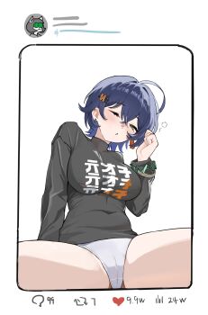 1girl absurdres ahoge belle_(zenless_zone_zero) black_shirt blue_hair blush bracelet breasts cameltoe clenched_hand commentary_request covered_navel crossed_bangs earclip earrings fake_screenshot green_eyes hair_ornament half-closed_eye hand_up highres jewelry large_breasts letter_hair_ornament looking_at_viewer master_mocha mismatched_earrings no_pants one_eye_closed panties print_shirt shirt short_hair solo spread_legs squeans squinting underwear white_background white_panties zenless_zone_zero