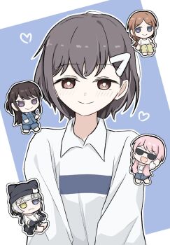 5girls :3 bang_dream! bang_dream!_it&#039;s_mygo!!!!! black_hair black_hat blue_eyes blue_shirt blue_shorts blush brown_eyes brown_hair brown_skirt chibi chihaya_anon collared_shirt commentary fang fukujin_(purin_pukupuku) grey_hair hair_ornament hairclip half_updo hat heart heterochromia kaname_raana long_hair mole mole_under_eye multiple_girls mygo!!!!!_(bang_dream!) nagasaki_soyo outline pink_hair purple_eyes raana_the_cat shiina_taki shirt short_hair shorts skirt sunglasses takamatsu_tomori upper_body white_outline white_shirt yellow_eyes