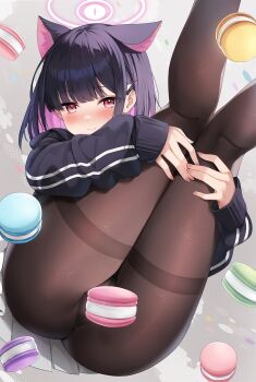 1girl animal_ears ayamy black_hair blue_archive blush colored_inner_hair commentary convenient_censoring food hair_ornament hairclip halo highres kazusa_(blue_archive) legs_up looking_at_viewer macaron miniskirt multicolored_hair no_panties no_pants pantyhose pink_eyes pink_hair pleated_skirt skirt two-tone_hair white_skirt