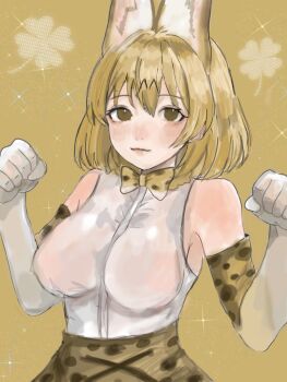 1girl animal_ears animal_print black_hair blonde_hair blush bow bowtie breasts brown_background center_opening commentary covered_erect_nipples double-parted_bangs elbow_gloves extra_ears gloves hanging_breasts high-waist_skirt highres kemono_friends large_breasts looking_at_viewer nipples no_bra oh_y0u orange_bow orange_bowtie print_bow print_bowtie print_gloves see-through_clothes see-through_shirt serval_(kemono_friends) shirt short_hair simple_background skirt sleeveless sleeveless_shirt smile solo striped_tail tail two-tone_bow two-tone_bowtie white_bow white_bowtie
