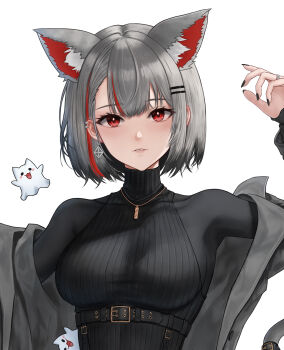 1girl animal_ear_fluff animal_ears belt belt_buckle black_belt black_bodystocking black_jacket black_nails black_sweater bob_cut bodystocking breasts buckle cat_ears cat_girl chest_belt commentary_request earclip earrings eruthu fingernails grey_hair hair_ornament hairclip hand_up highres jacket jewelry korean_commentary large_breasts long_sleeves looking_at_viewer maro_(neneko_mashiro) nail_polish necklace neneko_mashiro off_shoulder open_clothes open_jacket parallel_hairclips parted_bangs parted_lips red_eyes ribbed_sweater ring short_hair simple_background sleeveless sleeveless_sweater solo stellive sweater upper_body virtual_youtuber white_background