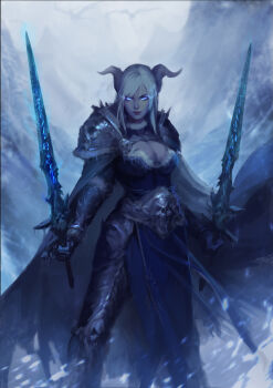 1girl armor blue_eyes blue_gloves breasts cape chain cleavage death_knight_(warcraft) draenei dual_wielding gloves glowing glowing_eyes grey_cape highres holding holding_sword holding_weapon horns large_breasts long_hair looking_at_viewer outdoors pants shoulder_armor silver_hair snowing solo swept_bangs sword warcraft weapon wolisu world_of_warcraft