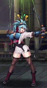 1girl ? ?? archer_(dungeon_and_fighter) archery archery_shooting_glove arm_armor armor arrow_(projectile) belt black_boots blue_armor blue_hair body_control boots bow_(weapon) breasts breath brown_gloves brown_thighhighs cleavage_cutout clothing_cutout dungeon_and_fighter empty_eyes full_body gloves goggles goggles_on_head hair_between_eyes hand_up high_ponytail highres holding holding_bow_(weapon) holding_weapon index_finger_raised large_variant_set lips looking_to_the_side multicolored_hair ningyoushi open_clothes open_mouth open_shirt outstretched_arm partially_fingerless_gloves pink_hair pink_lips ponytail puppet_strings quiver red_belt red_eyes shadow shirt short_shorts shorts sidelocks smile solo spread_legs standing teeth thighhighs tongue turning_head underbust upper_teeth_only variant_set weapon white_shirt white_shorts