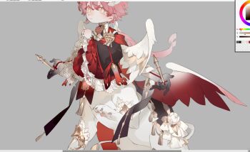 1boy androgynous feathered_wings frilled_sleeves frills grey_background hair_between_eyes hair_ornament highres liulianjingrua long_sleeves looking_up monster_boy original own_hands_together pink_hair red_wings short_hair simple_background solo white_wings wide_sleeves wings yellow_eyes