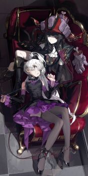 2girls :/ absurdres ascot bare_shoulders bicorne black_bow black_bowtie black_cat black_dress black_eyes black_footwear black_gloves black_hair black_jacket black_sleeves black_tail blue_eyes boots bow bowtie cat commission couch demon_tail detached_sleeves disembodied_hand dress elbow_gloves fingernails fold-over_boots frilled_dress frills from_above full_body gloves grey_eyes grey_thighhighs grin hair_bow hand_on_own_chin hat heterochromia high_heels highres holding holding_string jacket jacket_on_shoulders knee_boots layered_dress long_fingernails long_hair long_sleeves looking_at_viewer lying multiple_girls on_back on_couch original pencil_dress ponytail purple_nails red_eyes red_hat short_dress short_hair shuicha_bu_shi_zha sitting smile strapless strapless_dress string stroking_own_chin tail teeth thighhighs tile_floor tiles very_long_hair white_ascot white_hair