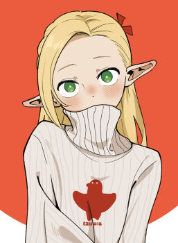 1girl absurdres alternate_costume arms_at_sides blonde_hair blush bright_pupils commentary covered_mouth dot_nose dungeon_meshi elf forehead green_eyes grey_sweater highres long_hair looking_at_viewer marcille_donato nose_blush pash-uwu pointy_ears print_sweater red_background ribbed_sweater solo straight-on sweater turtleneck turtleneck_sweater upper_body white_pupils