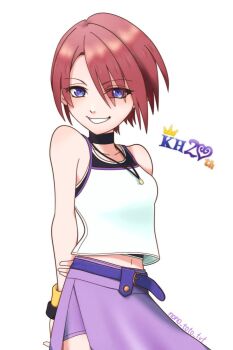 Rule 34 | 1girl, belt, blue eyes, collarbone, jewelry, kairi (kingdom hearts), kingdom hearts, kingdom hearts i, looking at viewer, navel, necklace, nono toto tvt, red hair, short hair, simple background, skirt, sleeveless, smile, solo, white background