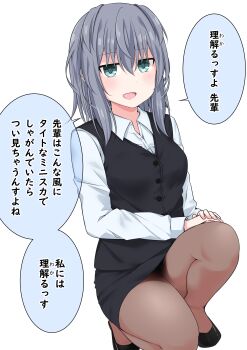 1girl absurdres aqua_eyes breasts commentary_request formal_clothes grey_hair highres jitome kuromiya_sakana large_breasts long_hair on_one_knee original pantyhose pencil_skirt skirt solo suit translated white_background