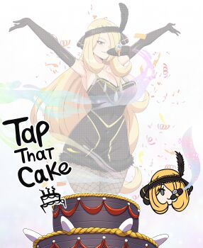 1920s_fashion 1girl absurdres alternate_breast_size_(larger) alternate_costume black_dress black_gloves blonde_hair blush breasts cake chibi chibi_inset cigar cleavage confetti covered_navel cynthia_(pokemon) dress elbow_gloves fishnet_pantyhose fishnets food fur_trim gloves grey_eyes hair_ornament hair_over_one_eye highres jewelry large_breasts long_hair looking_at_viewer mega_stone meme necklace nintendo pantyhose person_in_cake pokemon pokemon_diamond/pearl/platinum smile smoke solo strapless strapless_dress tap_me_(meme) very_long_hair white_background yellow_trim zuchysdraws