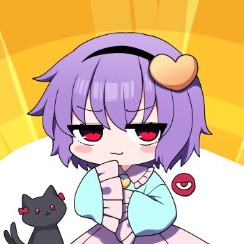 1girl :3 absurdres black_hairband blinking blue_shirt blush_stickers buttons cat chibi closed_eyes closed_mouth commentary_request doyagao frilled_sleeves frills hair_ornament hairband heart heart_button heart_hair_ornament highres kaenbyou_rin kaenbyou_rin_(cat) komeiji_satori long_sleeves looking_at_viewer medium_hair multiple_tails no_nose purple_hair red_eyes shirt skirt sleeves_past_fingers sleeves_past_wrists smug tail third_eye touhou upper_body white_background wide_sleeves yellow_background you_(noanoamoemoe)