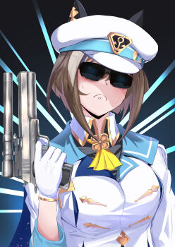 Rule 34 | 1girl, absurdres, amt hardballer, amt hardballer longslide, animal ears, arcadia machine &amp; tool, ascot, breasts, brown hair, butter curry, cheval grand (grand itineraire) (umamusume), cheval grand (umamusume), ear covers, gloves, gun, hair between eyes, handgun, hat, hat belt, highres, holding, holding gun, holding weapon, horse ears, horse girl, jacket, large breasts, long sleeves, m1911, multicolored hair, parody, peaked cap, solo, streaked hair, sunglasses, terminator (series), the terminator, umamusume, upper body, weapon, white gloves, white hair, white hat, white jacket, yellow ascot
