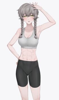 1girl abs absurdres amane_suzuha arm_up armpits bike_shorts braid breasts collarbone commentary_request crop_top hand_up highres koha_2652 long_hair looking_at_viewer medium_breasts narrowed_eyes open_mouth science_adventure simple_background smile solo standing steins;gate tank_top twin_braids white_tank_top yellow_eyes