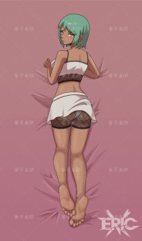 1girl absurdres barefoot dark-skinned_female dark_skin eric_x feet fuu_(naruto) green_hair highres looking_at_viewer looking_back lying medium_hair naruto_(series) on_stomach orange_eyes panties pantyshot soles toes underwear