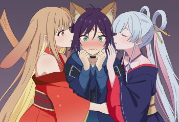 3girls absurdres animal_ears blue_eyes blue_kimono blush brown_hair cho_kaguya-hime! closed_eyes closed_mouth commentary dan_yui girl_sandwich grey_background hair_rings highres japanese_clothes kaguya_(cho_kaguya-hime!) kimono long_hair multiple_girls off_shoulder open_mouth red_kimono runami_yachiyo sakayori_iroha sandwiched simple_background twintails wavy_mouth yuri