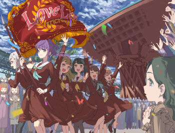 Rule 34 | 6+girls, :d, ^ ^, aqua neckerchief, arm up, arms up, black gloves, black hair, black pantyhose, black socks, blonde hair, blue hair, blue sky, blunt bangs, blunt ends, bob cut, brown dress, brown hair, brown shirt, brown shoes, center-flap bangs, clenched hand, closed eyes, closed mouth, commentary request, confetti, day, dress, feet out of frame, flag, flower knot, foot out of frame, frilled shirt, frills, fujishima megumi, gloves, green eyes, grey eyes, hair bun, hair ornament, half gloves, hasu no sora school uniform, highres, hinoshita kaho, holding, holding flag, holding hands, index finger raised, interlocked fingers, inverted bob, ishikawa prefecture, kachimachi kosuzu, kanazawa (city), kanazawa station, lao ren xing, link! like! love live!, loafers, long hair, long sleeves, looking at another, love live!, love live! victory flag, medium dress, medium hair, momose ginko, multicolored hair, multiple girls, neckerchief, open hand, open mouth, orange hair, osawa rurino, otomune kozue, outdoors, pantyhose, people, pink eyes, pink hair, pleated dress, profile, purple hair, red hair, red neckerchief, sailor collar, sailor dress, school uniform, shirt, shoes, short hair, side ponytail, sidelocks, single side bun, sky, smile, socks, split mouth, star (symbol), star hair ornament, streaked hair, teeth, upper teeth only, virtual youtuber, w, wavy hair, white hair, white sailor collar, white socks, winter uniform, yellow neckerchief, yugiri tsuzuri