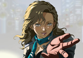 1girl absurdres blonde_hair blue_neckerchief cityscape gloves grey_eyes highres hiroko_(megami_tensei) lipstick looking_at_viewer macossa makeup medium_hair mole mole_under_eye neckerchief outstretched_hand red_gloves shin_megami_tensei shin_megami_tensei_ii smile solo upper_body