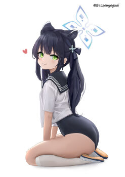 1girl absurdres aged_down alternate_costume animal_ear_fluff animal_ears artist_name ass baozouyeguai blue_archive blue_halo blue_one-piece_swimsuit blue_sailor_collar extra_ears from_side full_body green_eyes hair_ornament halo heart highres kneehighs loli long_hair looking_at_viewer one-piece_swimsuit sailor_collar school_uniform serafuku shirt shoes shun_(blue_archive) shun_(small)_(blue_archive) simple_background sitting smile socks solo swimsuit swimsuit_under_clothes twintails twitter_username wariza white_background white_shirt white_socks