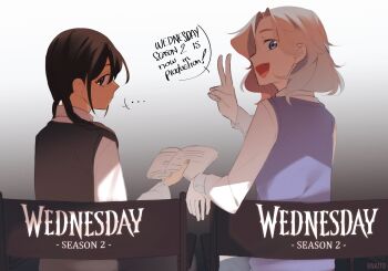 ... 2girls the_addams_family black_hair blonde_hair book chair copyright_name english_text enid_sinclair highres knaito looking_at_viewer looking_back multiple_girls open_book script sitting v wednesday_(netflix) wednesday_addams